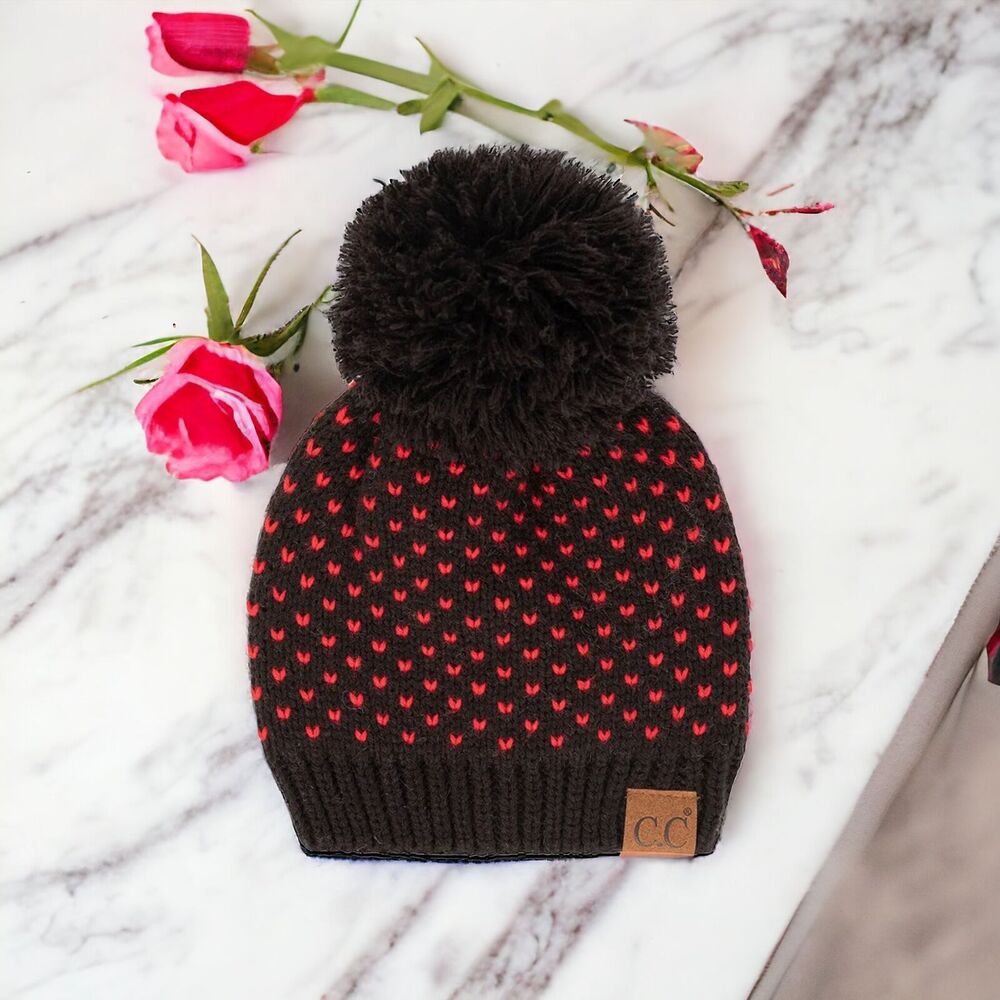 NEW CC Womens Pom Love Hearts Beanie - Valentines Day Gift Womens Winter Hat